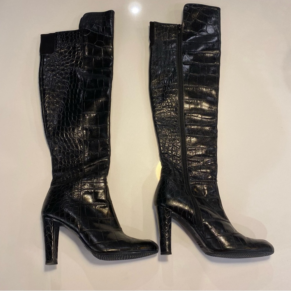 Stuart Weitzman Black Croc-Embossed Over-the-Knee Heeled Boots